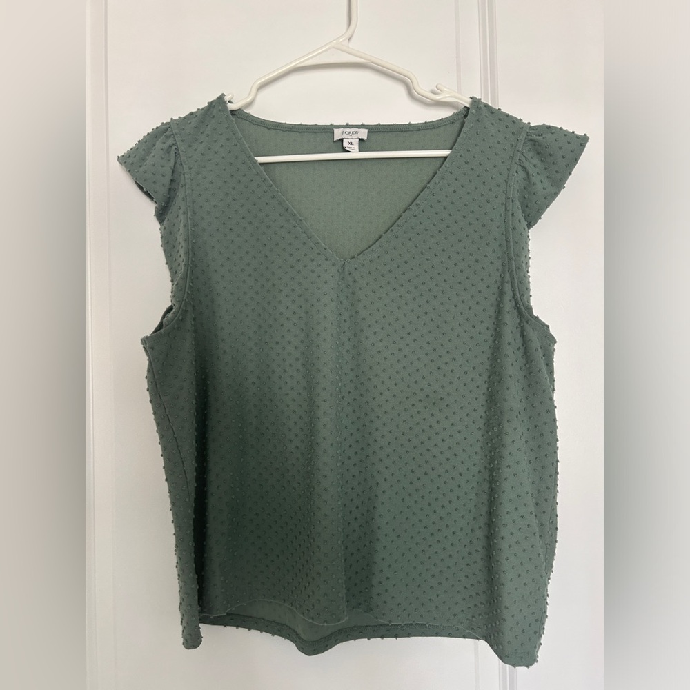 J. Crew Sage Green Swiss Dot V-Neck Cap Sleeve Blouse
